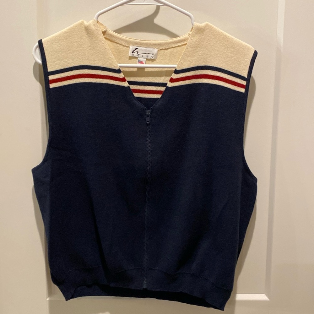 Haley Ladies Full Zip Vest.  V-Neck.  Size‎ Large.  Navy w/White/Maroon. Cotton.